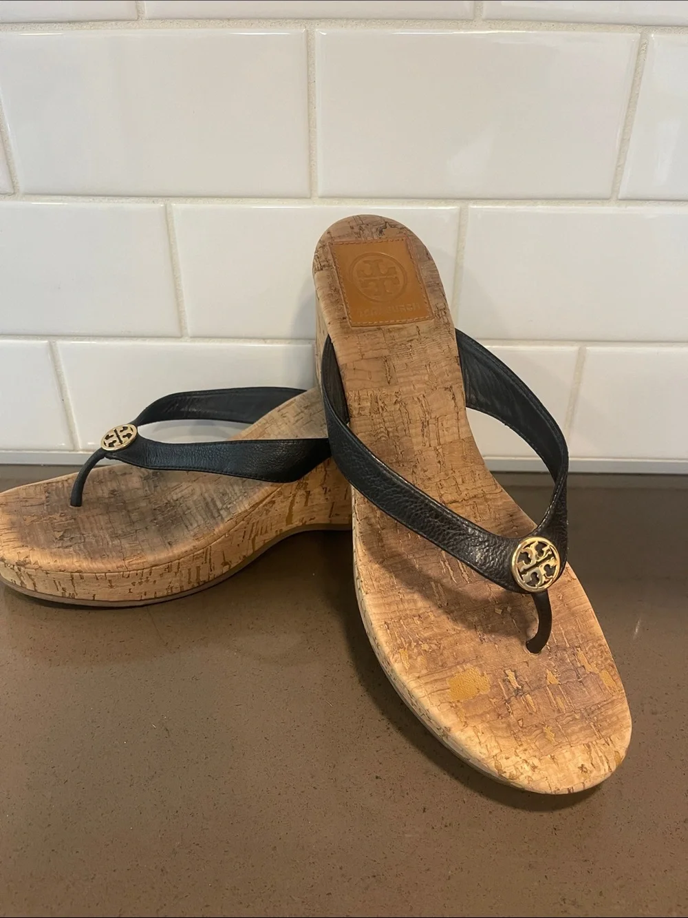 Tory Burch Black Leather Cork Wedge Thong Sandals with Gold Logo
